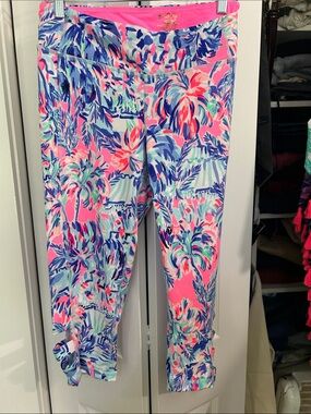 Lilly Pulitzer Pink Blue Multicolor Palm-Print Track Joggers